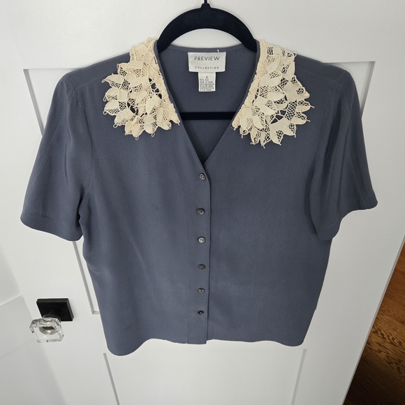 Vintage Preview Collection Blue/Grey Blouse with Cream Lace Collar 100% Silk - Picture 8 of 11